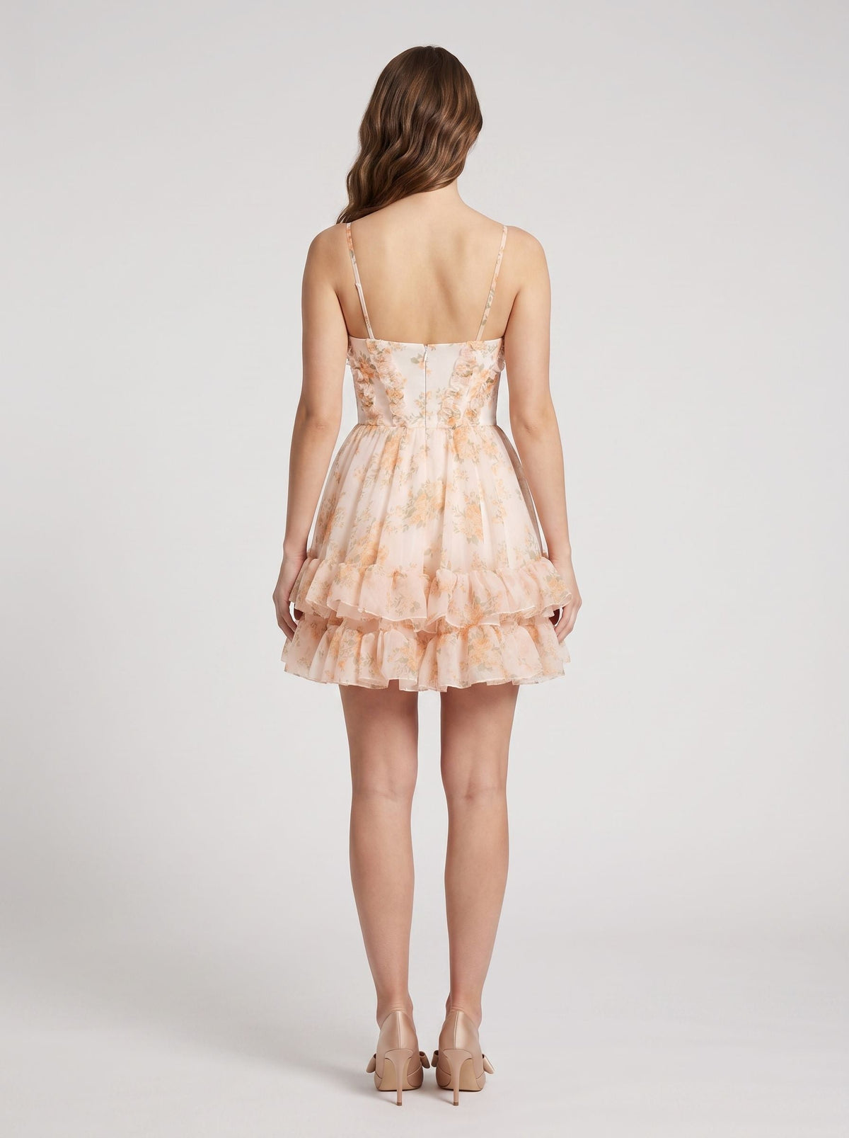 Orange Floral Chiffon A-Line Sweetheart Back Zip Short Dress with Tiered Ruffles - Curvevia