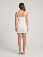 White Stretch Knit Sheath Sweetheart Side Zip Mini Dress with Ruched Bodice - Curvevia