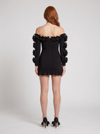 Black Stretch Knit Column Off-the-Shoulder Back Zip Short Dress with Long Sleeves - Curvevia