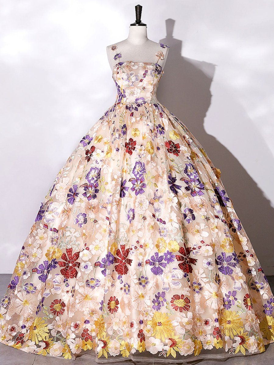 Quinceanera Dress Champagne A-line Flowers Long Prom Dress - Curvevia