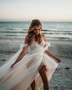 Fairy Off the Shoulder Tulle Wedding Dresses with Slit - Curvevia