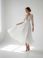 Satin V-neck A Line Tea-length Wedding Dress with Ruching and Sash - Curvevia