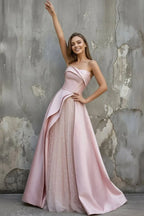 Pink Satin A-Line Floor-Length Evening Gown with Slit Strapless Prom Dress - Curvevia