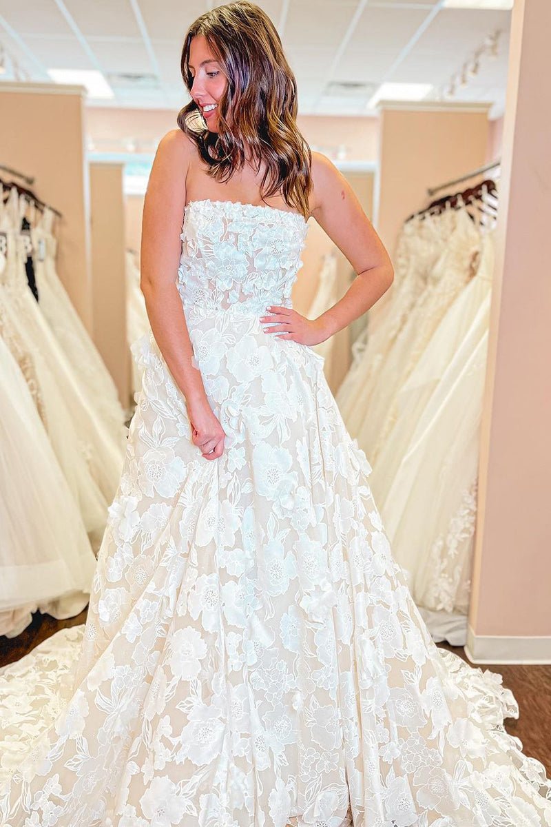 A-Line Strapless Floral Lace Wedding Dresses - Curvevia