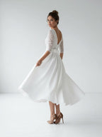 Satin V-neck A Line Tea-length Wedding Dress with Ruching and Sash - Curvevia