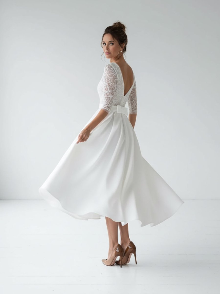 Satin V-neck A Line Tea-length Wedding Dress with Ruching and Sash - Curvevia