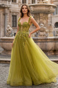A-Line Olive Spaghetti Straps Tulle Long Wedding Guest Dress with Lace Appliques - Curvevia