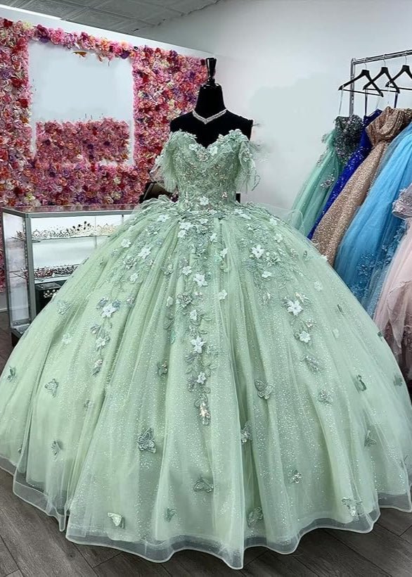 Ball Gown Tulle Off The Shoulder Sage Green Quinceanera Dress - Curvevia
