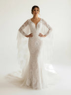 Ivory Long Sleeve Cape Lace Mermaid Wedding Dress with Appliques - Curvevia