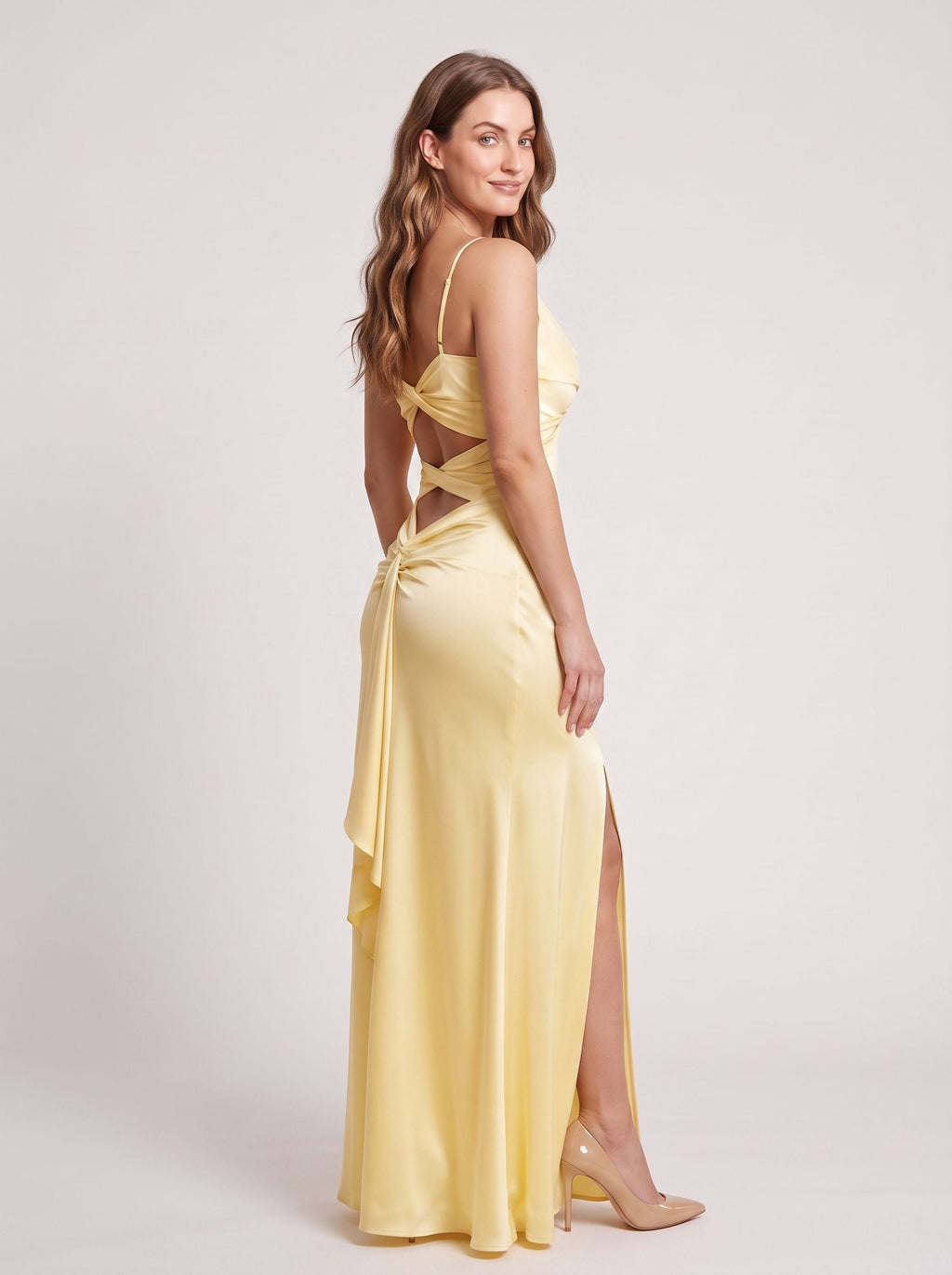 Daffodil Satin A-Line V-Neck Backless Floor-Length Dress with Side Slit - Curvevia