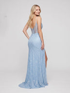 Sky Blue Glitter Tulle A-Line V-Neck V-Back Floor-Length Dress with Sheer Corset Bodice & Slit - Curvevia