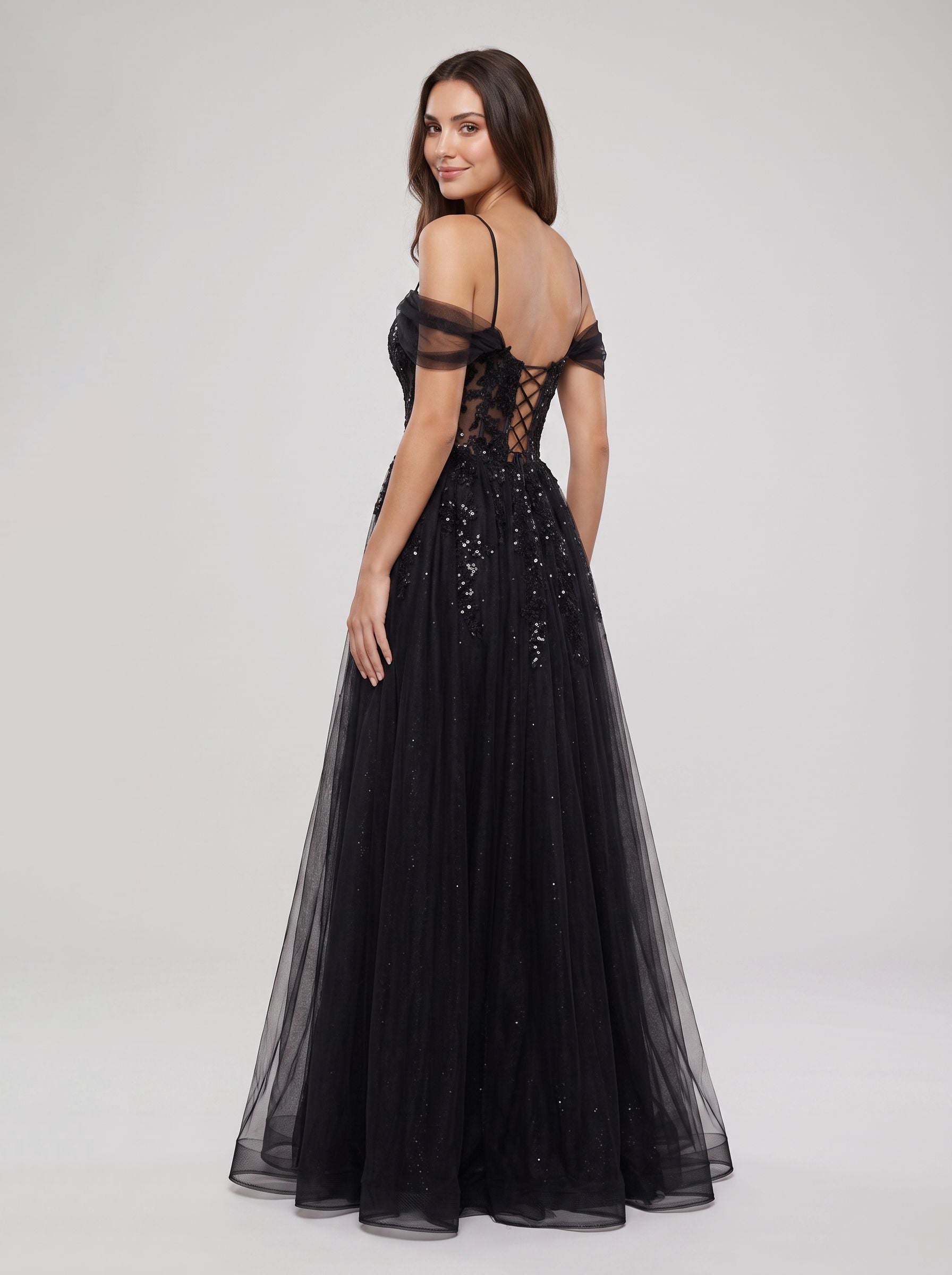 Black Tulle & Sequins A-Line Off-the-Shoulder Lace-up Floor-Length Dress with Sheer Corset & Slit - Curvevia