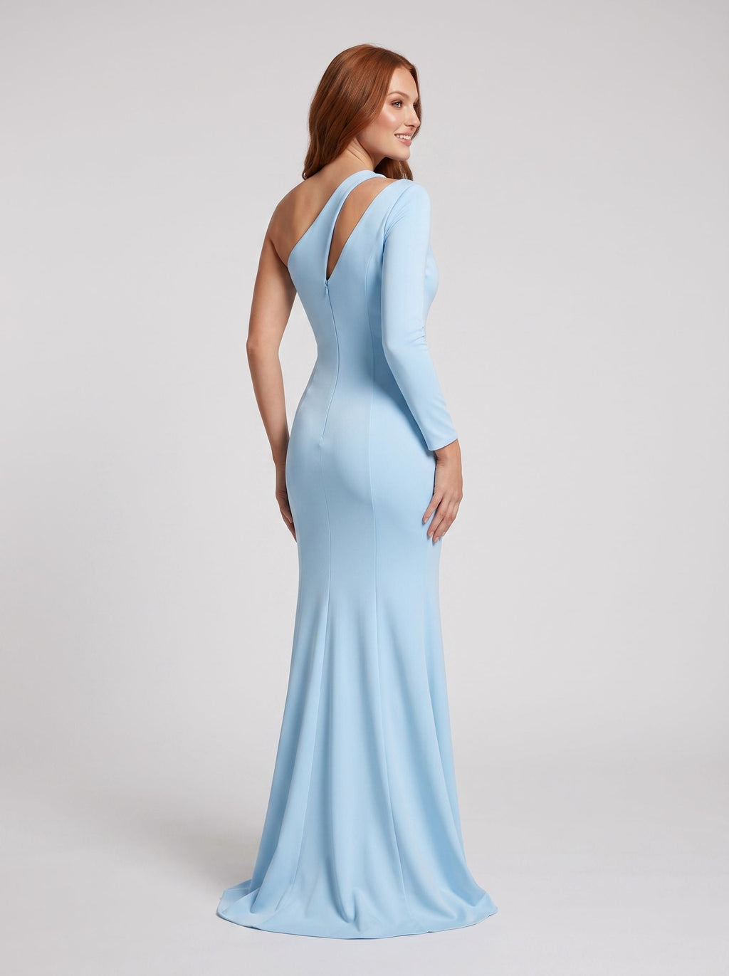 Sky Blue Matte Satin Trumpet One Shoulder Back Zip Floor-Length Dress with Single Sleeve - Curvevia