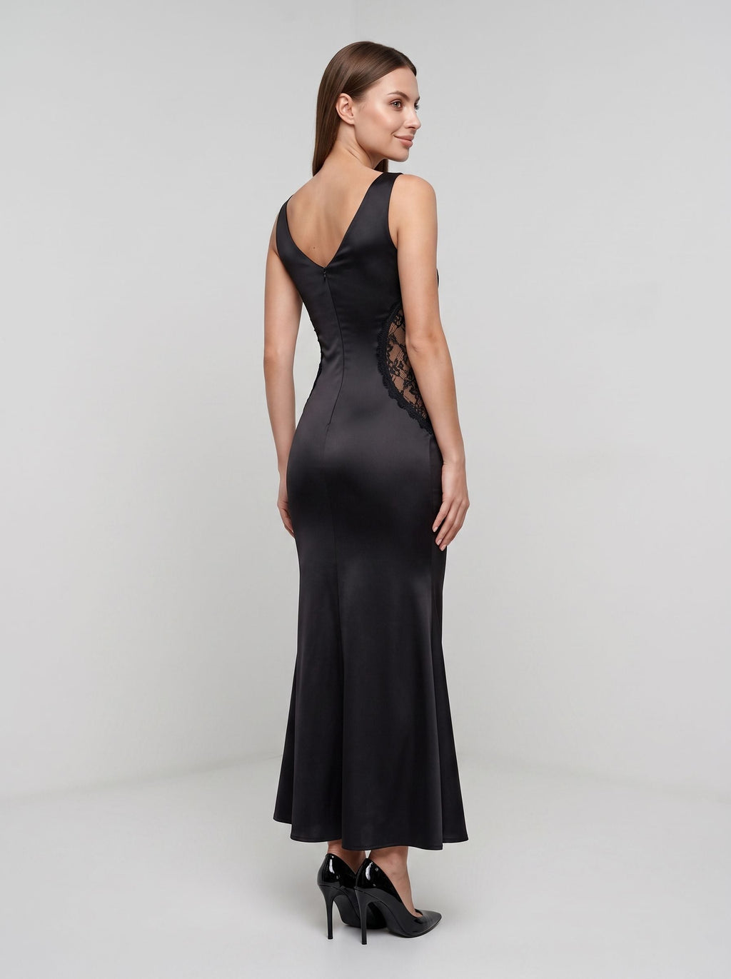 Black Satin Sheath Scoop Neck V-Back Floor-Length Dress with Sheer Lace Side Cut-Out - Curvevia