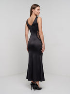 Black Satin Sheath Scoop Neck V-Back Floor-Length Dress with Sheer Lace Side Cut-Out - Curvevia