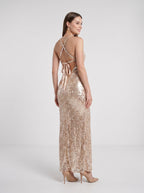 Champagne Sequins Sheath V-Neck Criss-Cross Straps Floor-Length Dress with Open Back - Curvevia