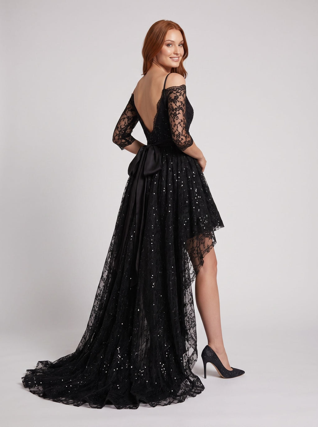 Black Lace A-Line Off-the-Shoulder V-Back Floor-Length Dress with 3/4 sleeves and scalloped trim - Curvevia