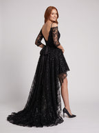 Black Lace A-Line Off-the-Shoulder V-Back Floor-Length Dress with 3/4 sleeves and scalloped trim - Curvevia
