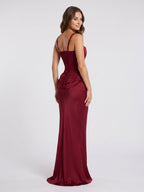 Burgundy Satin Mermaid Square Neck Lace-Up Back Floor Length Dress - Curvevia