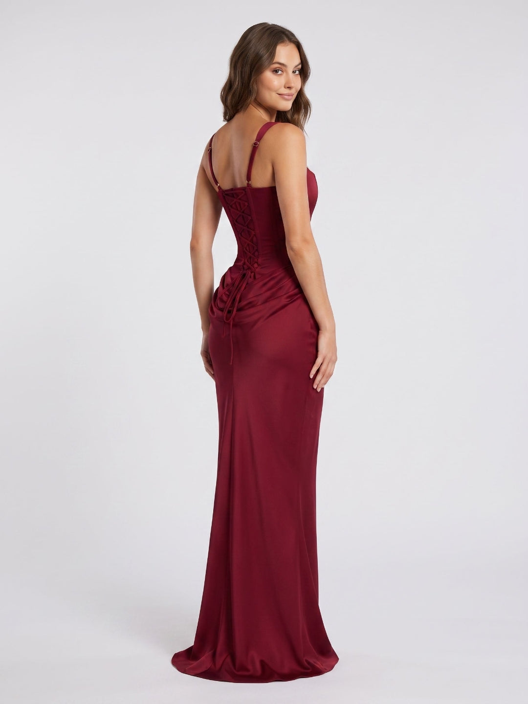 Burgundy Satin Mermaid Square Neck Lace-Up Back Floor Length Dress - Curvevia