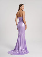 Lavender Satin Mermaid Cowl Neck Back Zip Floor-Length Dress with Draped Neckline - Curvevia