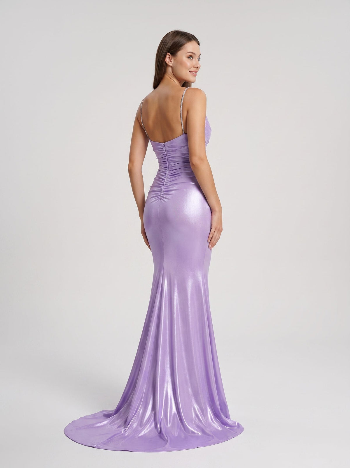 Lavender Satin Mermaid Cowl Neck Back Zip Floor-Length Dress with Draped Neckline - Curvevia