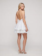 White Sequins A-Line Halter neckline Short Dress With Cascading Ruffles - Curvevia