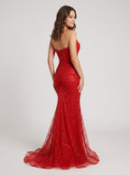 Red Sequin Mesh Mermaid Sweetheart Lace-Up Back Floor Length Dress - Curvevia