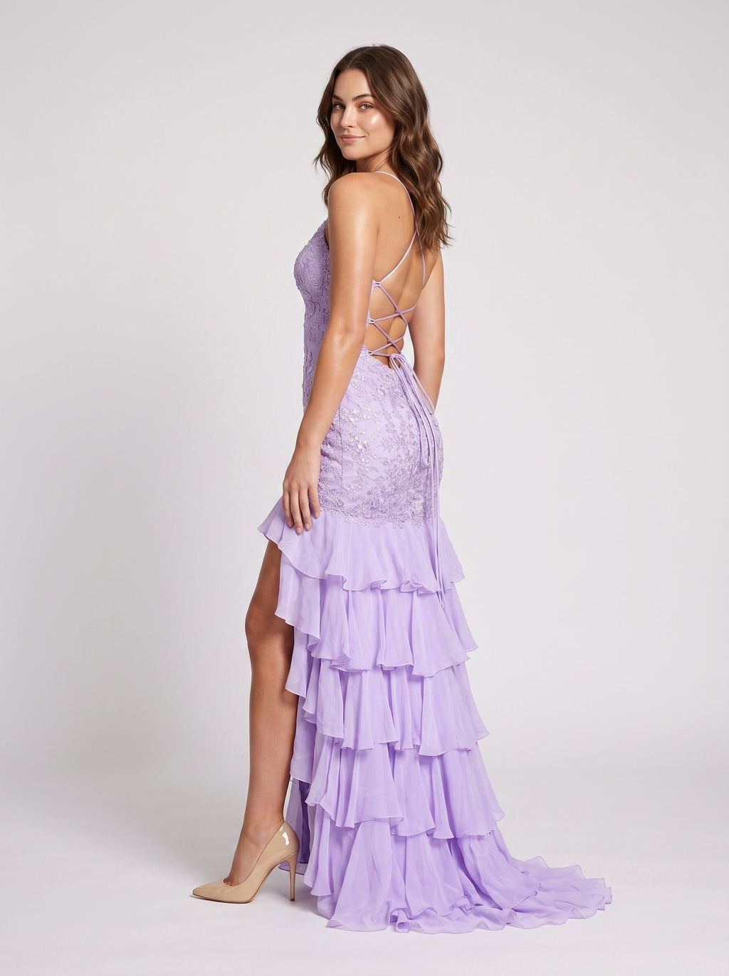 Lilac Chiffon Mermaid V-Neck Lace-up Floor-Length Dress with Cascading Ruffles - Curvevia