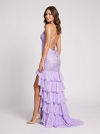 Lilac Chiffon Mermaid V-Neck Lace-up Floor-Length Dress with Cascading Ruffles - Curvevia