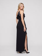 Black Satin Column One Shoulder Backless Floor-Length Dress with Side Slit - Curvevia