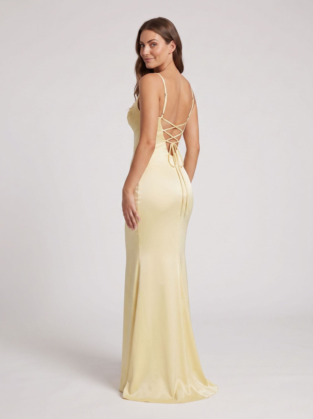 Daffodil Satin Mermaid Sweetheart Criss-Cross Straps Floor-Length Dress with Pleats - Curvevia