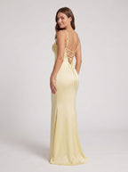 Daffodil Satin Mermaid Sweetheart Criss-Cross Straps Floor-Length Dress with Pleats - Curvevia