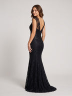 Black Lace Mermaid Scoop Neck V-Back Floor-Length Dress with Beaded bodice & Cap sleeves - Curvevia
