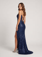 Navy Blue Sequins Mermaid V-Neck Lace-up Floor-Length Dress with High Slit - Curvevia