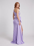 Lavender Satin Sheath One Shoulder Back Zip Floor-Length Dress with 3D Rosette and High Slit - Curvevia