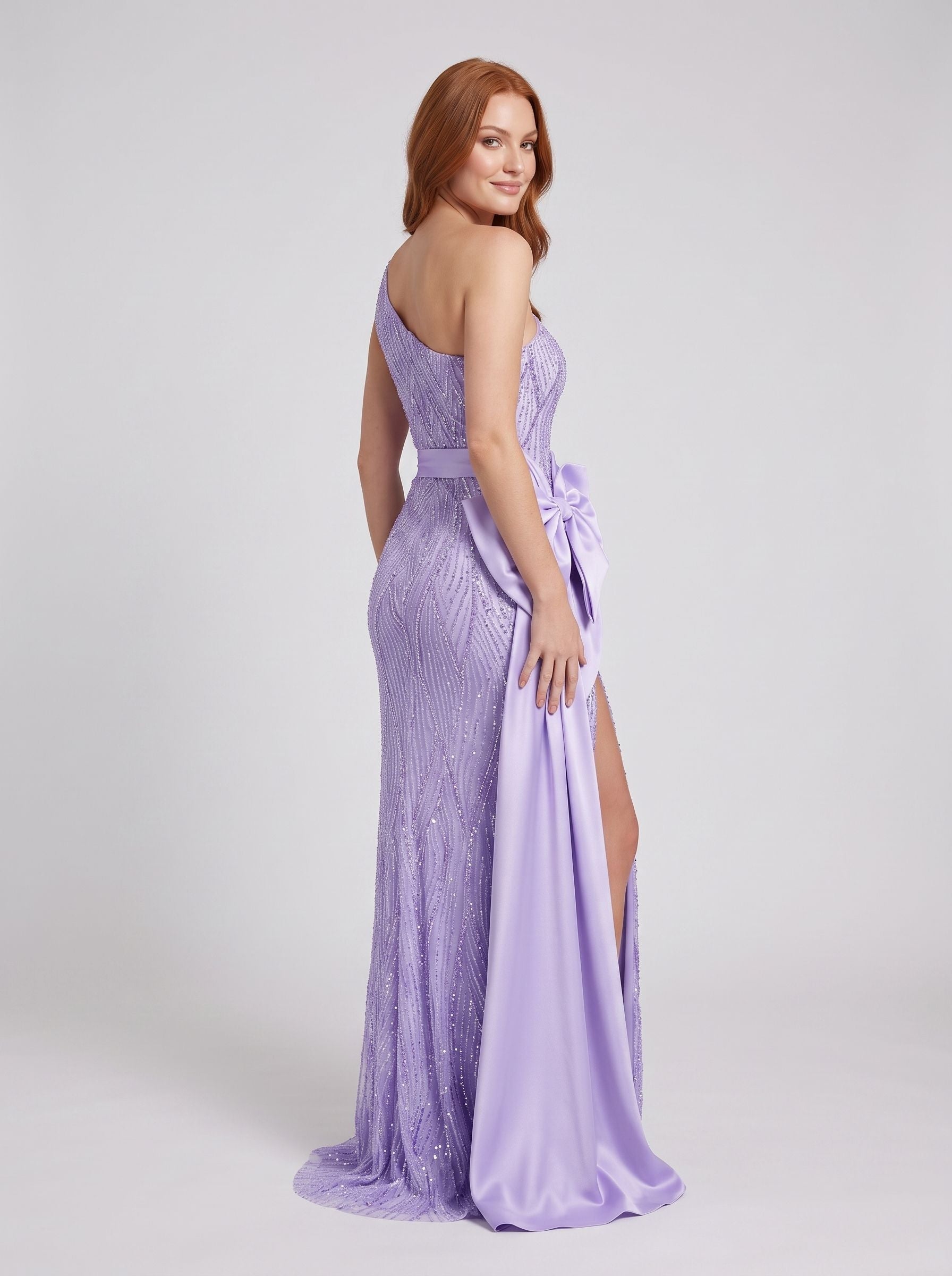 Lavender Satin Sheath One Shoulder Back Zip Floor-Length Dress with 3D Rosette and High Slit - Curvevia