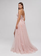 Pink Tulle A-Line Sweetheart Lace-up Floor-Length Dress with sheer embroidered corset bodice - Curvevia