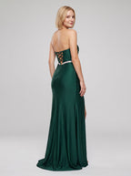Emerald Green Chiffon A-Line Sweetheart Lace-up Floor-Length Dress with Beaded Waistband - Curvevia