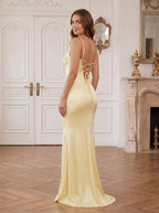 Daffodil Satin Mermaid Sweetheart Criss-Cross Straps Floor-Length Dress with Pleats - Curvevia