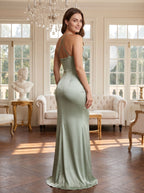 Mint Green Satin Mermaid V-Neck Backless Floor-Length Dress with Ruched Bodice - Curvevia