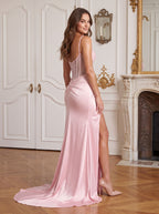 Petal Satin Mermaid Straight Neck Back Zip Floor-Length Dress with Beaded Slit - Curvevia