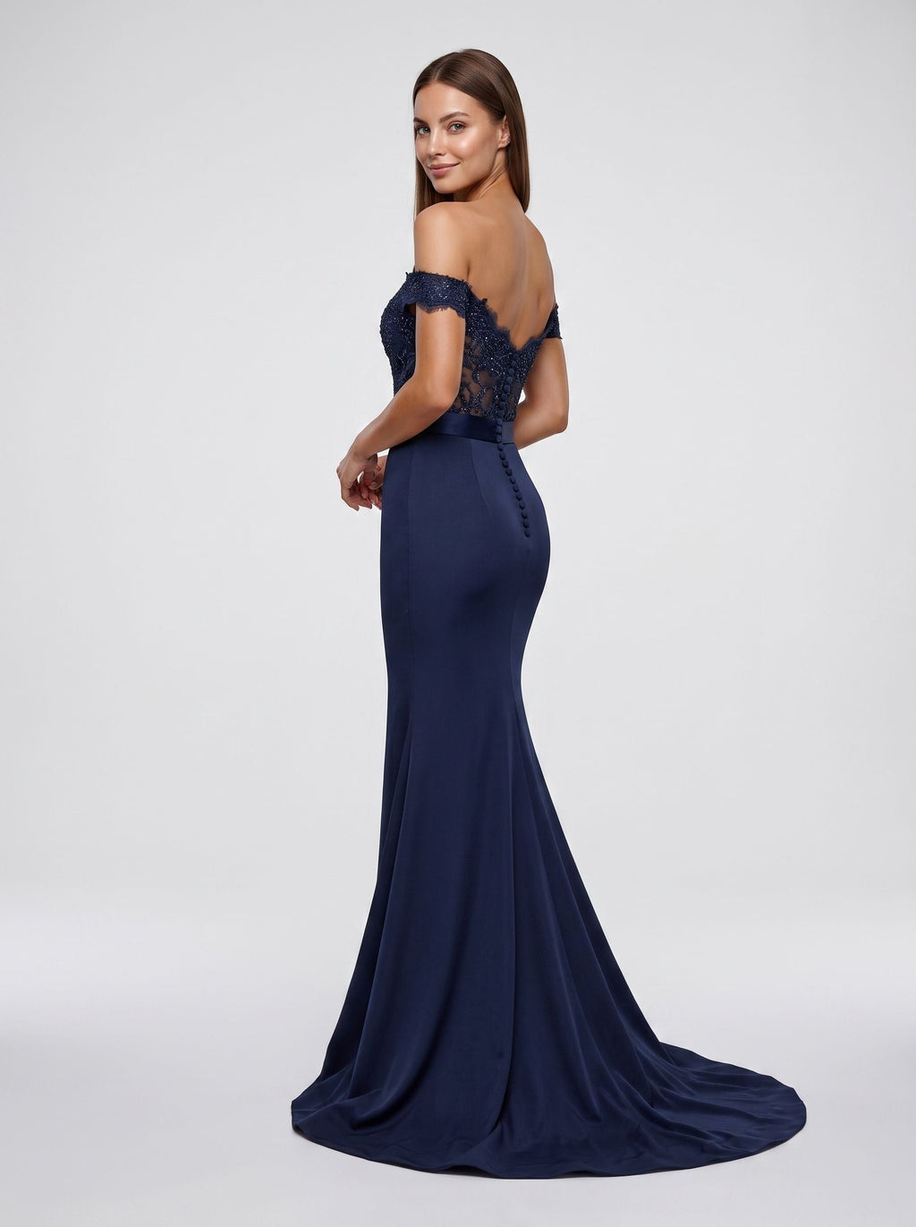 Navy Blue Matte Satin Mermaid Off-the-Shoulder Back Zip Floor-Length Dress with Sweep Train - Curvevia