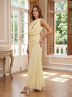 Daffodil Chiffon A-Line Scoop Neck Backless Floor-Length Dress with Cutout Detail - Curvevia