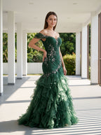 Forest Green Organza Mermaid Sweetheart Lace-Up Back Floor Length Dress - Curvevia