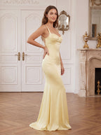 Daffodil Satin Mermaid Sweetheart Criss-Cross Straps Floor-Length Dress with Pleats - Curvevia