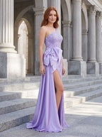 Lavender Satin Sheath One Shoulder Back Zip Floor-Length Dress with 3D Rosette and High Slit - Curvevia