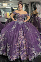 Quinceanera Dress Glamorous Purple Floral Lace Off-the-Shoulder - Curvevia