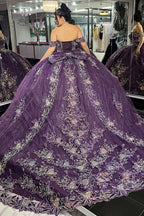 Quinceanera Dress Glamorous Purple Floral Lace Off-the-Shoulder - Curvevia
