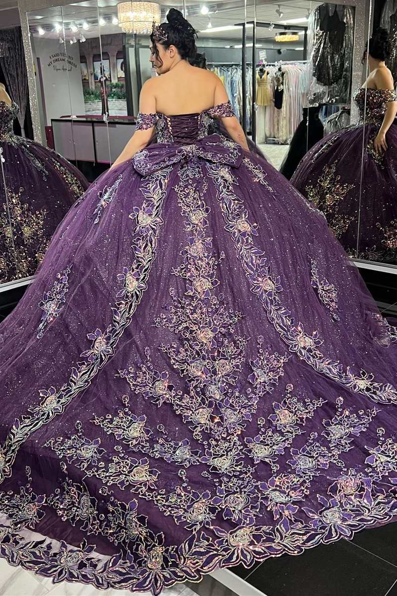 Quinceanera Dress Glamorous Purple Floral Lace Off-the-Shoulder - Curvevia